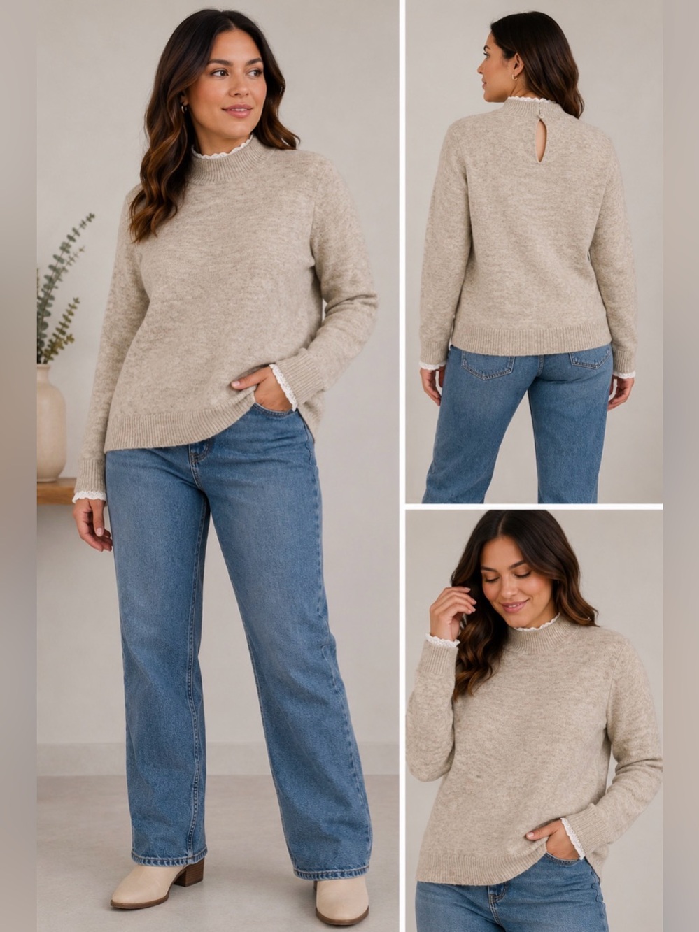Peyton Primrose Tan Knit Sweater XL Lace Trim Mock Neck Keyhole Back